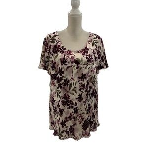 Kate Hill Women’s Floral Silk Blouse Sz 22W Short Flutter Sleeve Lined Stretch